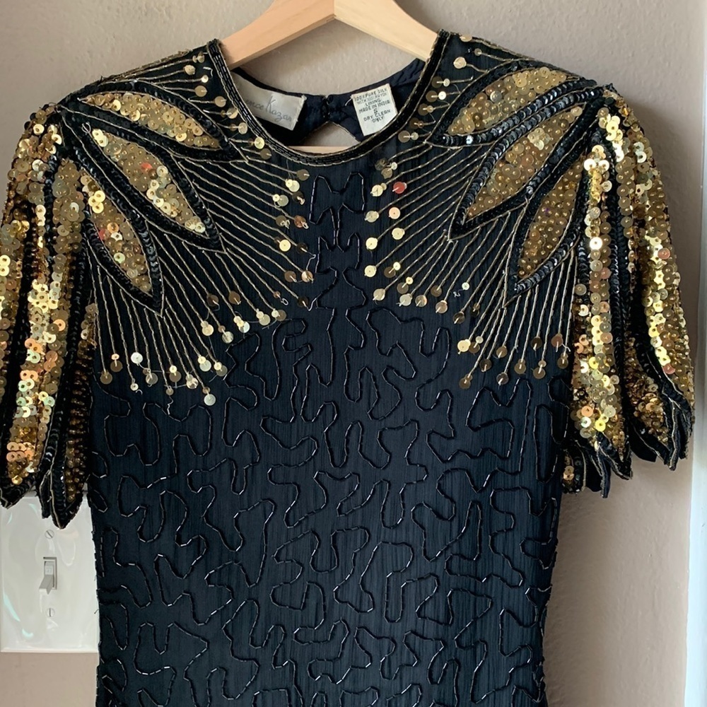 Vintage LAURENCE KAZAR Gold and Black Silk Sequin Open Back Midi Dress